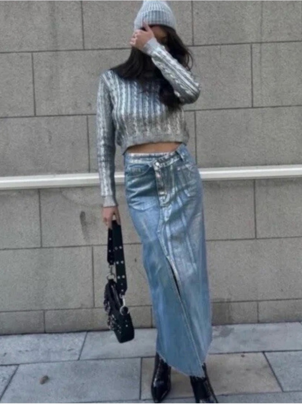 Zara 6045/017 Light Blue Denim Metallic Maxi Skirt with Front Slit
